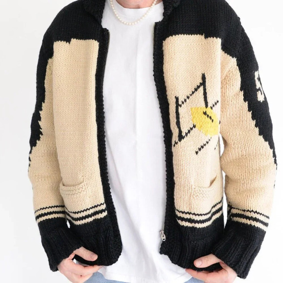 VTG 60’s Zip Knit Cardigan Football Cowichan 100% Wool Sweater Size M/L USA Made - Picture 1 of 12